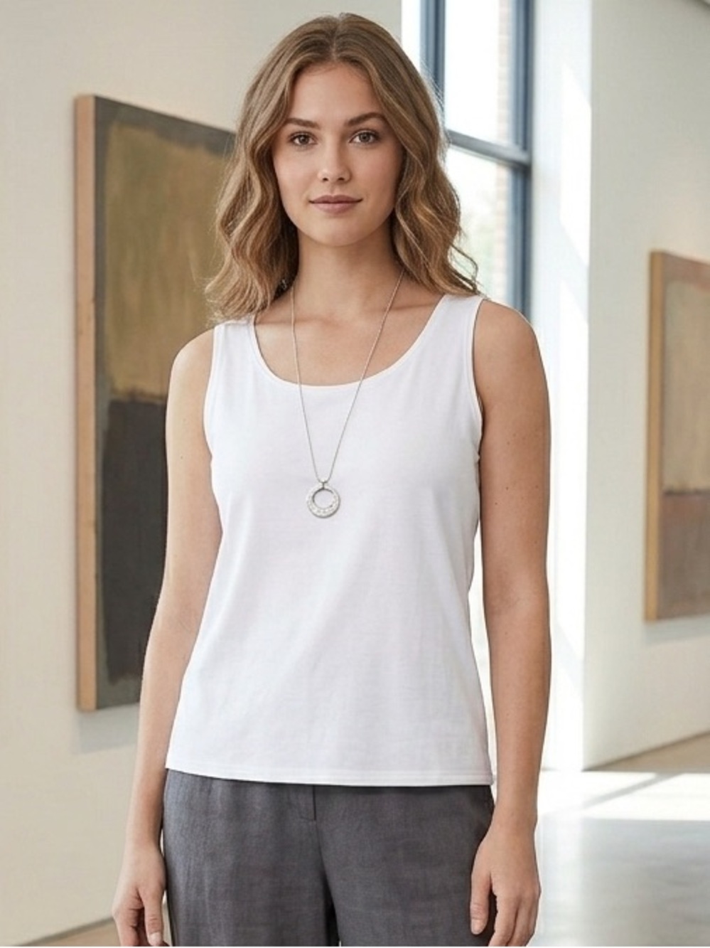 Eileen Fisher White Scoop Neck Tank Sz XL Organic Cotton Made in USA